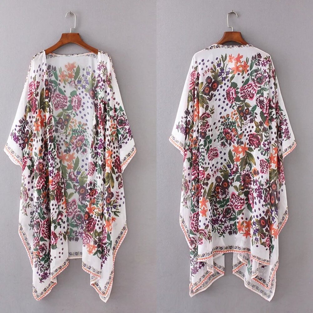 Boho Floral Chiffon Duster Multicolor Long Sleeve Beach Cover Up Kimono